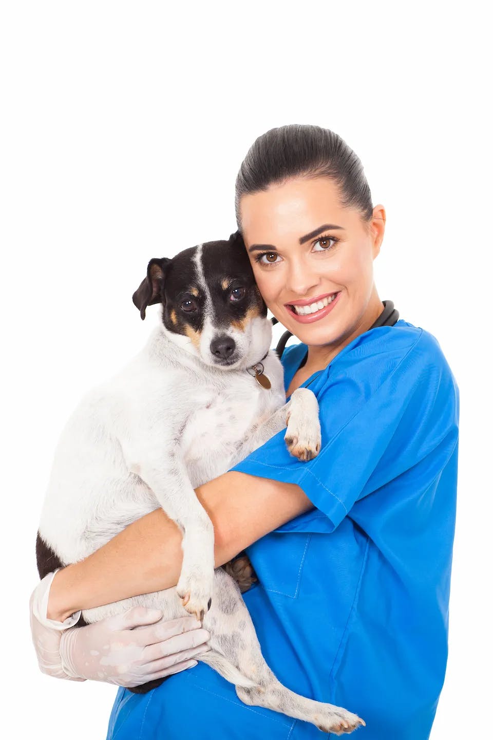 veterinářka láskyplně držící v náručí středně velkého psa