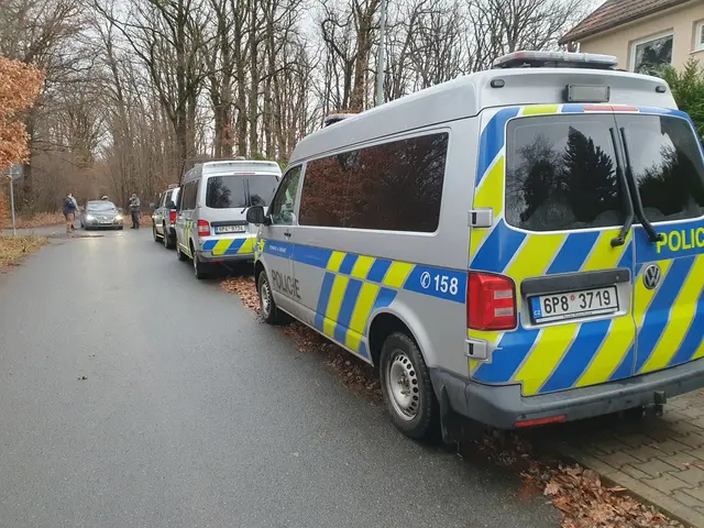 Německé policajty zaparkované na silnici v Klánovickém lese.
