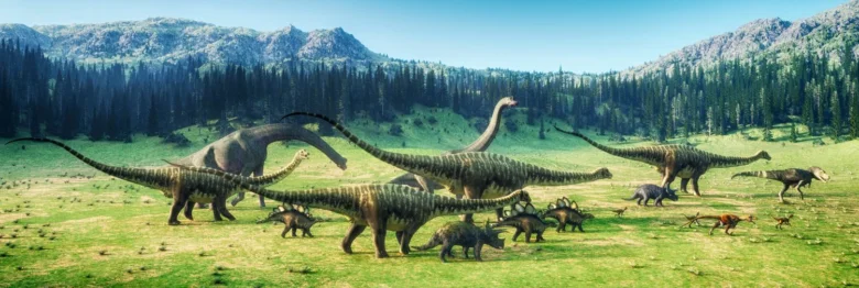 Stádo dinosaurev s dlouhými krky na zelené louce před lesními horami.