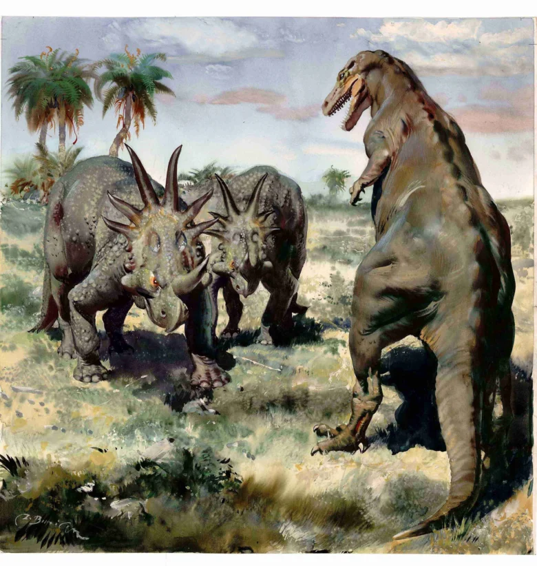 Malba dinosaury od Zdeňka Buriána: T-rex proti triceratopům.