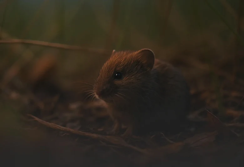 Polní hraboš sedící mezi suchými listy a trávou.