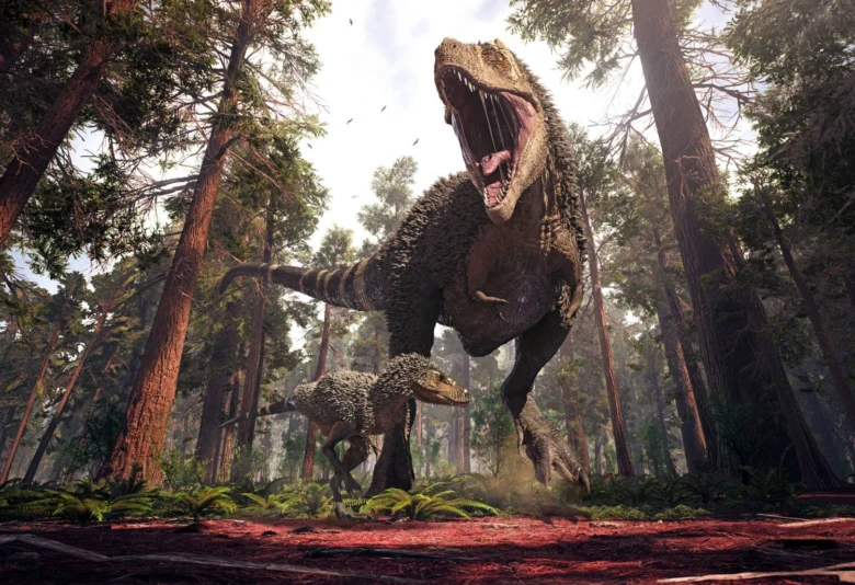 Velký tyranozaur s mláďetem v pralesemu lese