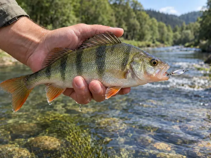Ruka drží sumce obecného nad řekou s viditelným návnadou v ústech.