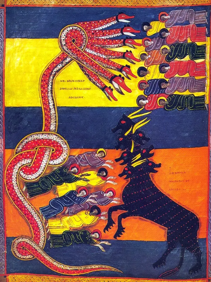 Ilustrace draka s mnoha hlavami obdivovaného lidmi ve středověkém stylu.