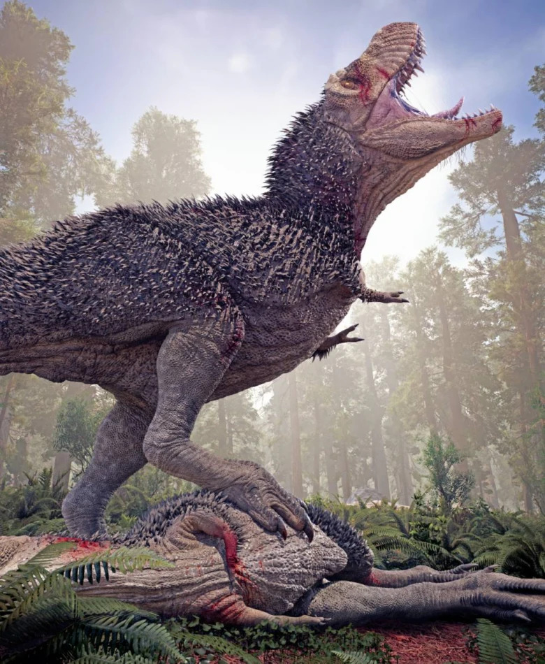 Tyrannosaurus rex zabíjí jiného dinosaurova v pralesemu lese.