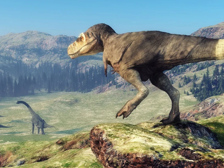 Tyrannosaurus rex stojí na skále v pravěku s další dinosaurem.