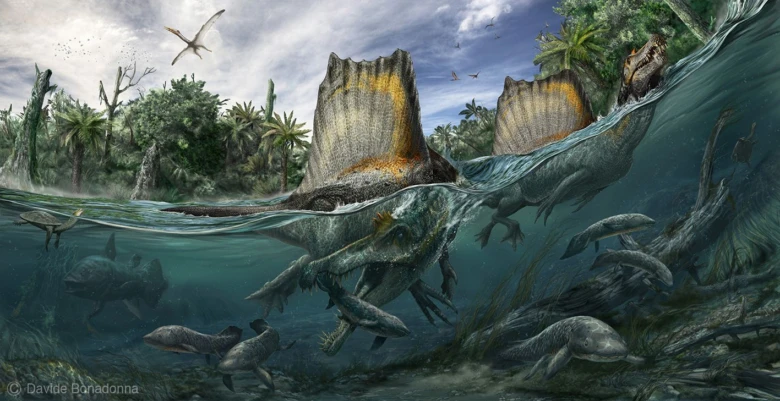 Ilustrace plavajícího spinosaura mezi ryby v pravěku.