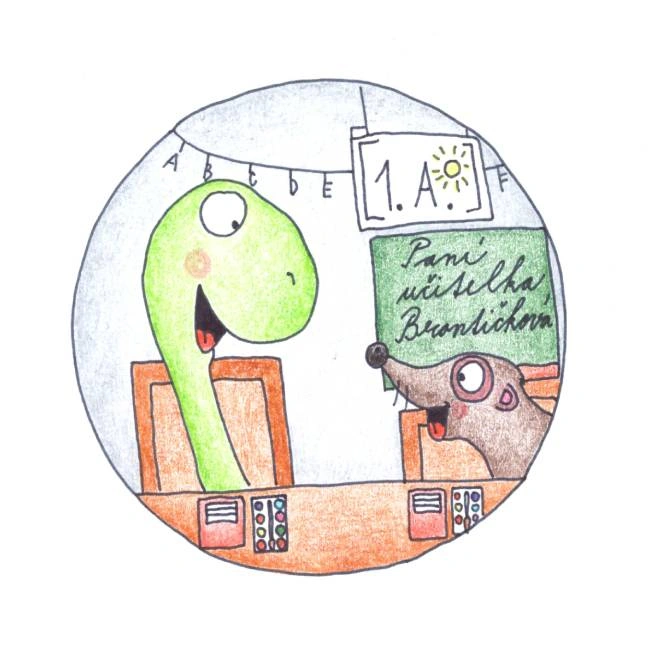 Ilustrace dinosaura s psem v třídní místnosti pro děti.