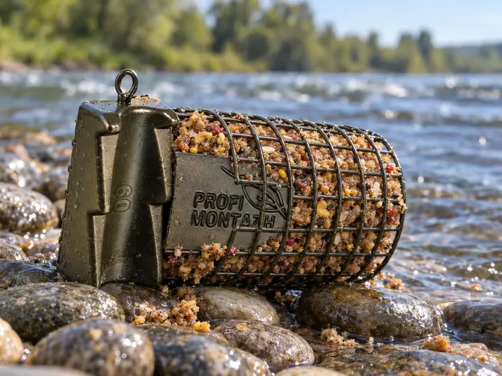 Kovový sumec s návnadou na řece mezi kameny