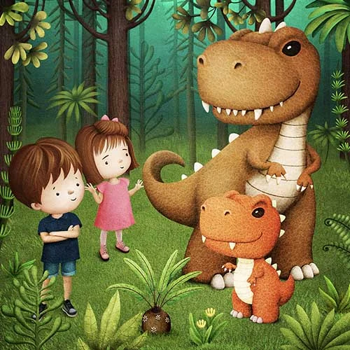 Dvě děti s přátelskými dinosaury v pralesemu lese pro pohádky.
